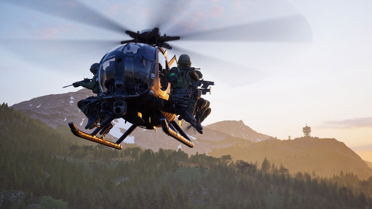 A helicopter full of soldiers over the hills